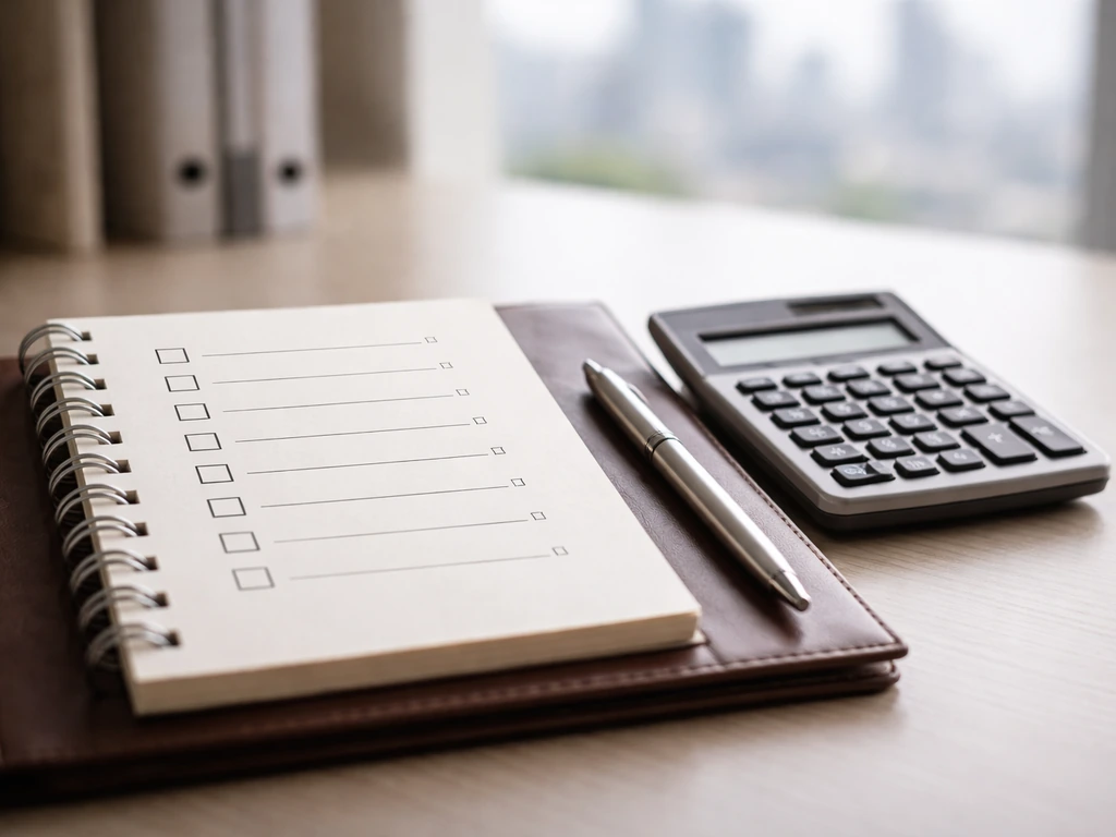 Minimal desk scene with a checklist and calculator, showing proxy-based business estimate approach.