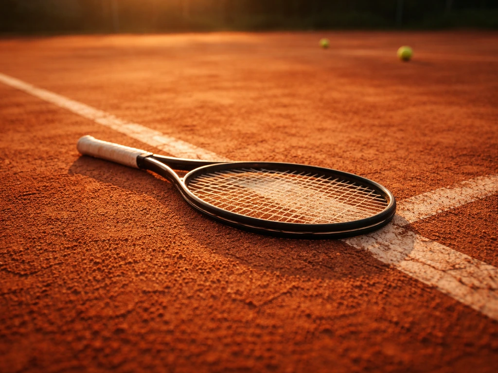 Close-up tennis racquet resting on clay court, with soft sunset light suggesting a pro tennis career.