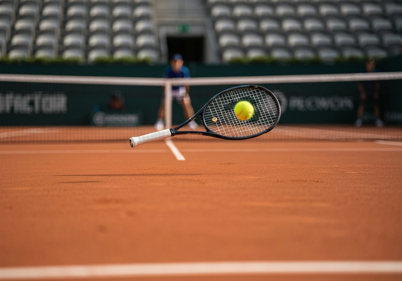 Anonymous tennis forehand moment on a hard court, tennis ball mid-flight near the baseline.