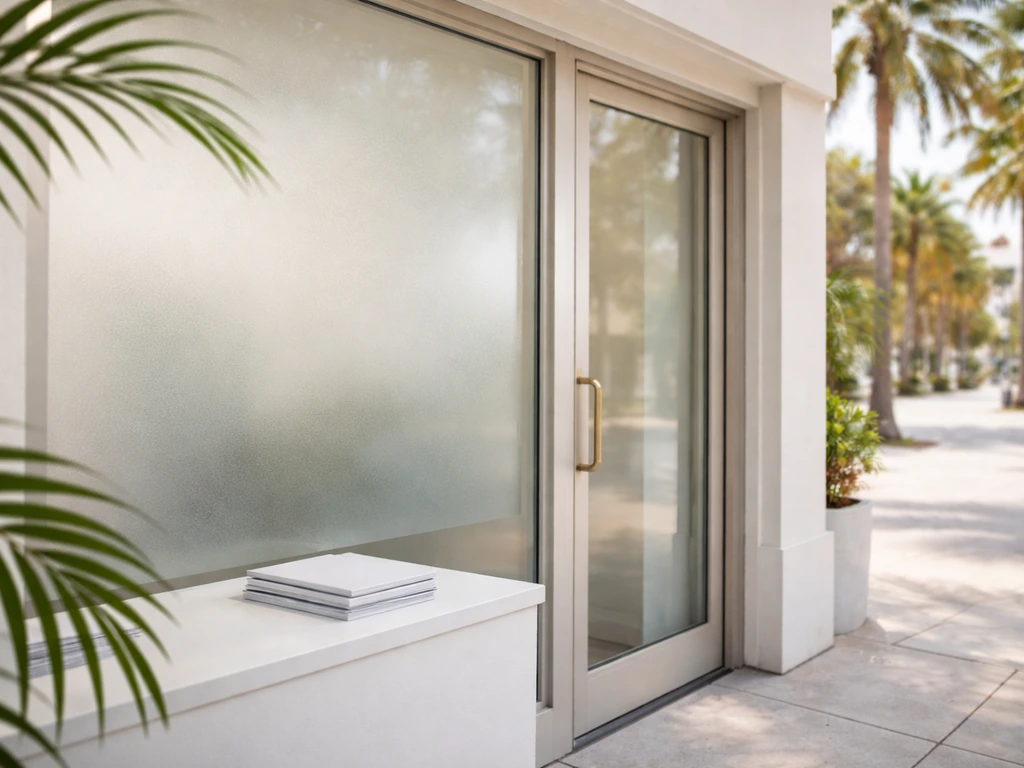 Palm Beach entryway with a minimalist desk and blank frosted window, sunlit palms in the background.