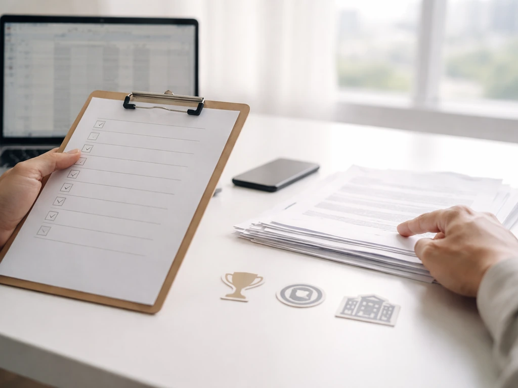 Hands at a desk with blank checklist paper and financial documents, symbolic source icons, natural light.