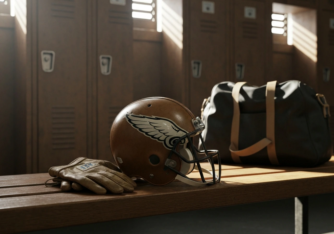 1970s-era football locker room scene with a Philadelphia Eagles–style helmet and retro gear