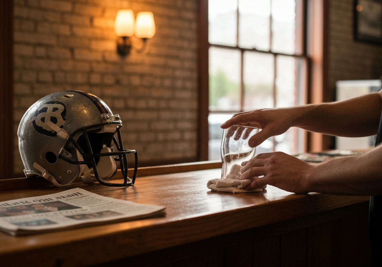 1970s Philadelphia street bar scene with a bartender’s hands polishing a glass and a WFL-era football helmet nearby