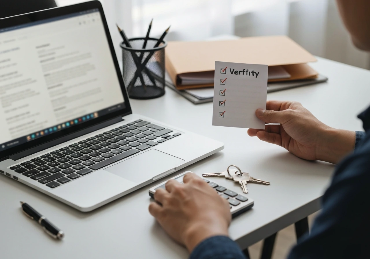 Person at a desk comparing public property records, laptop and checklist beside a calculator