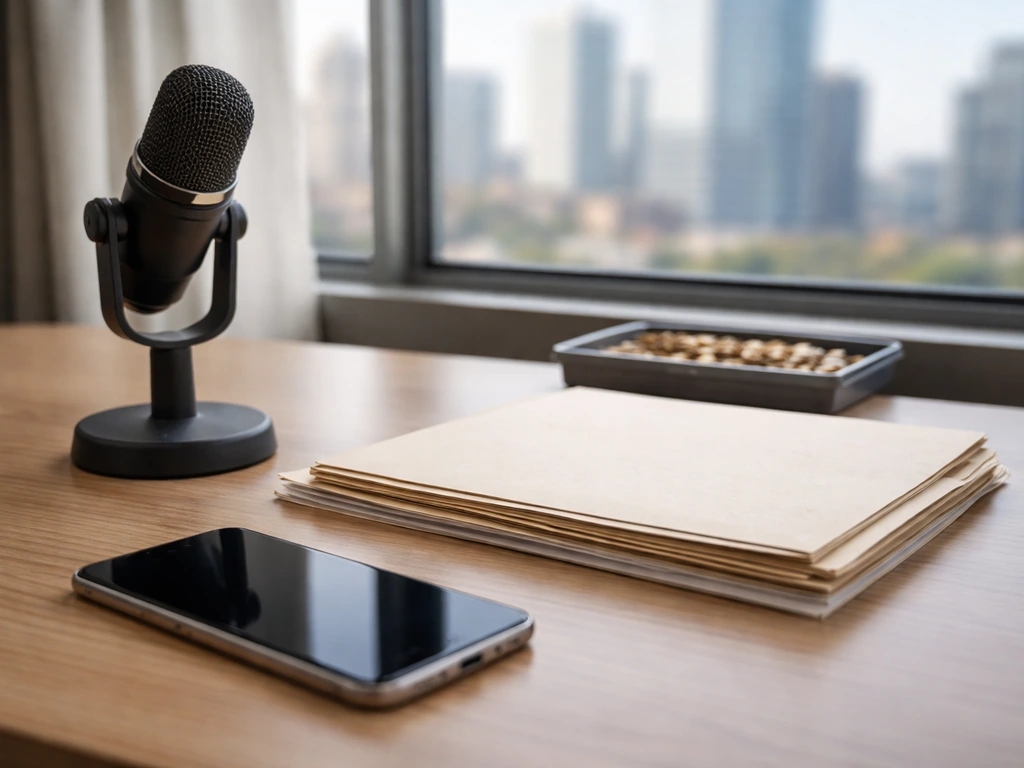 Minimal photo of a business desk with a microphone, paperwork, and a city view suggesting identity verification