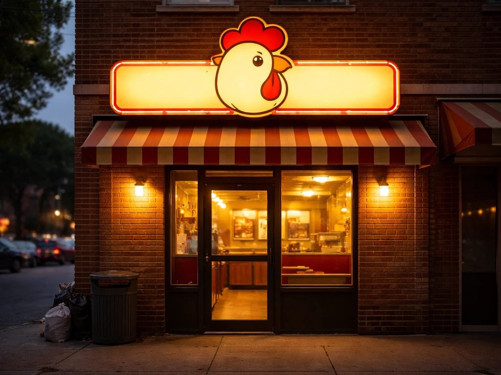 Quiet suburban storefront with a retro chicken-themed sign, early 1980s vibe, empty sidewalk