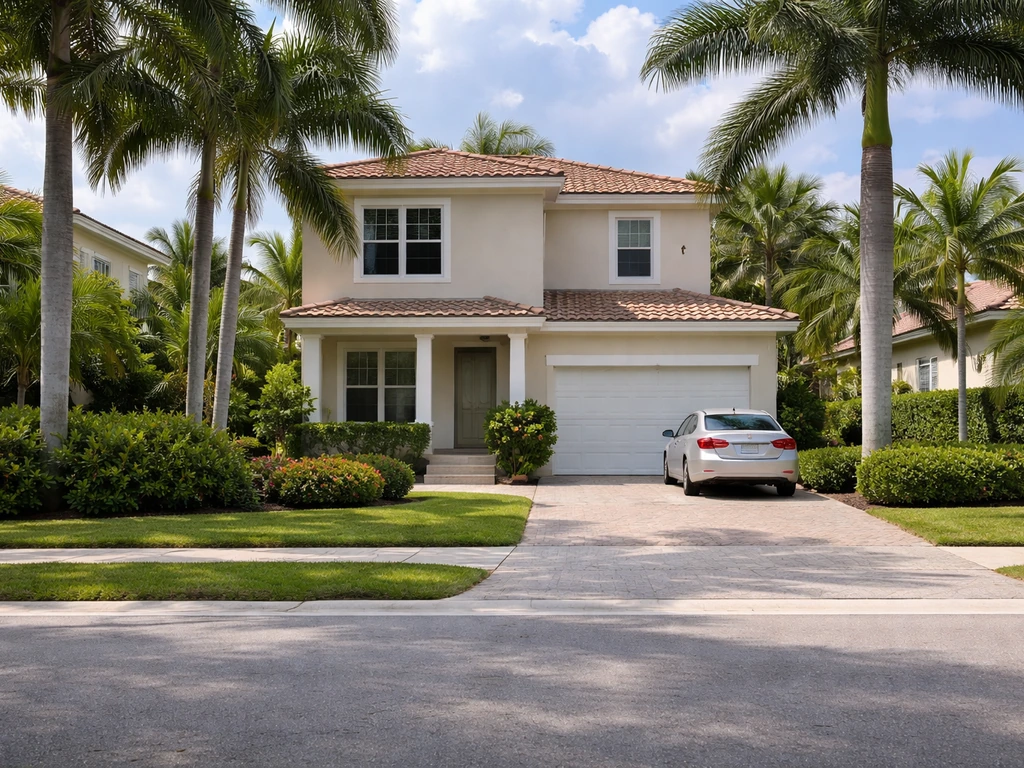 Florida suburban house exterior with driveway and landscaping, photographed from across the street.