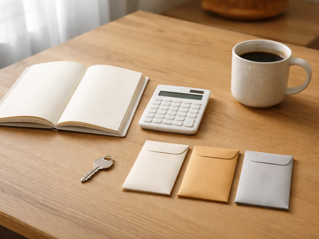 Minimal desk scene with an open notebook and scattered money envelopes, suggesting a range estimate model.