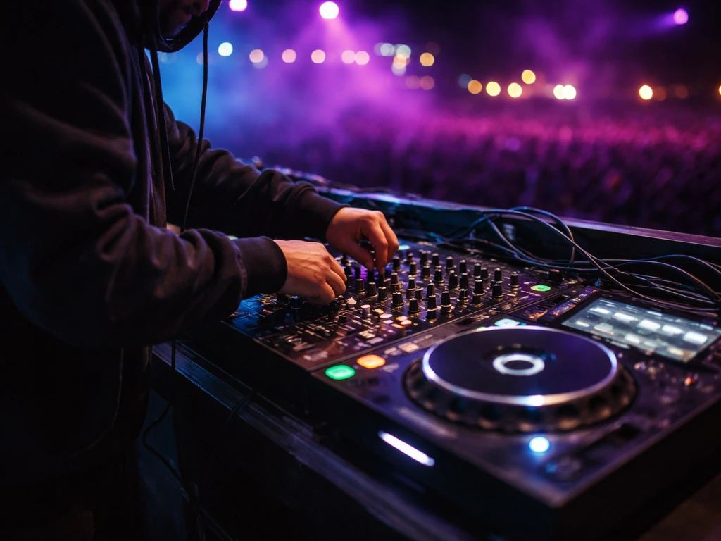 DJ performing behind a turntable at a large outdoor festival at night with stage lights
