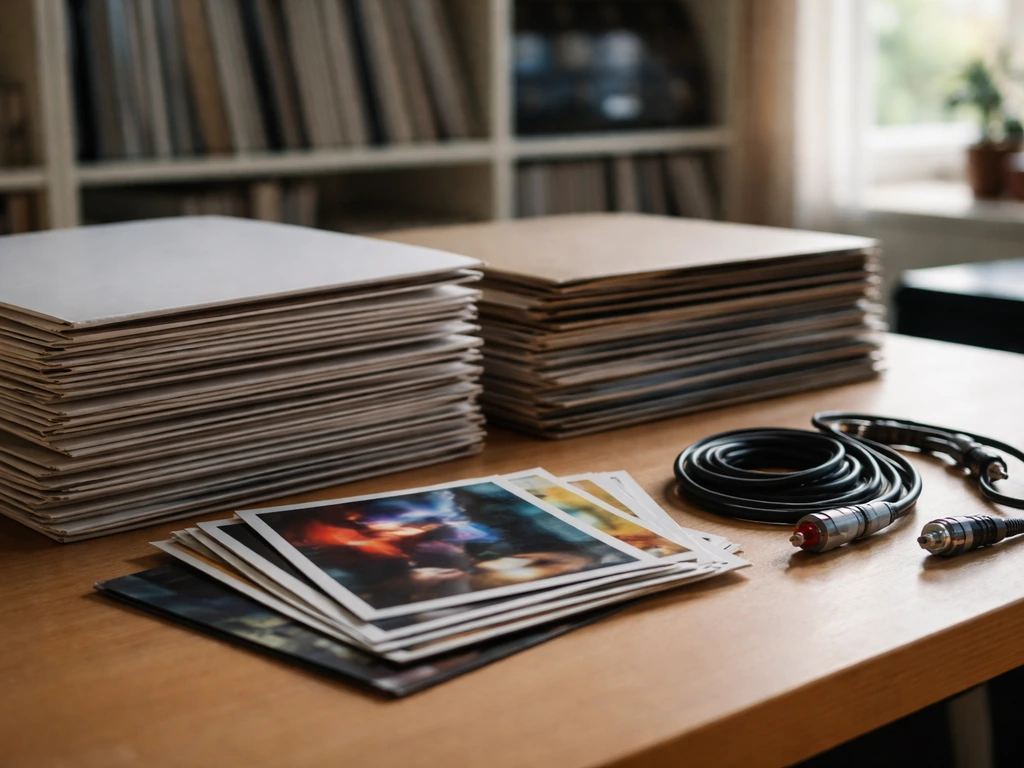 Minimal music label office scene with stacked vinyl and unbranded press materials on a table.