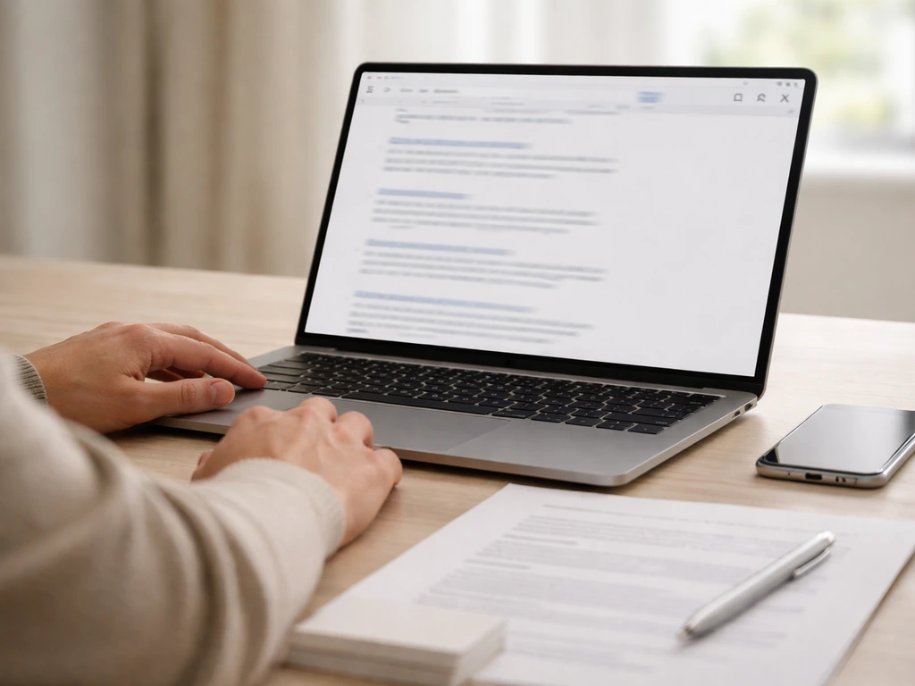 Minimal desk scene with laptop and phone suggesting verification of corporate registry filings.