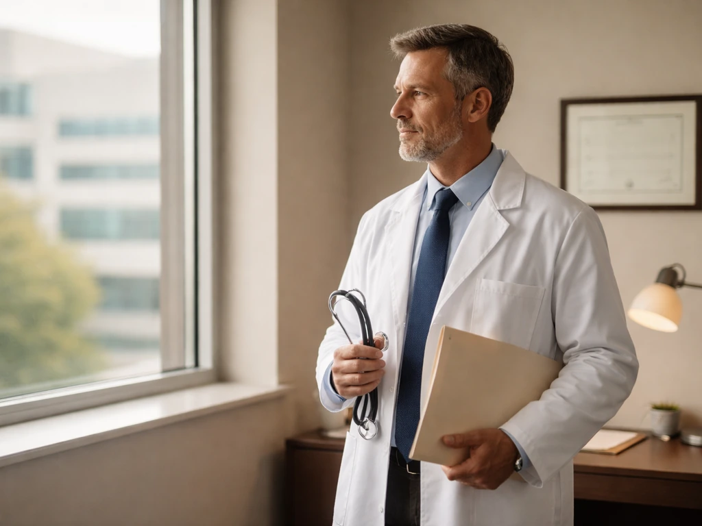 Academic in a white lab coat holding a stethoscope in a quiet hospital office with a blurred campus view.