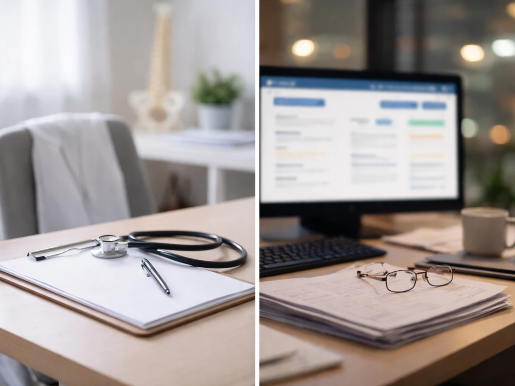 Minimal split scene showing a medical office desk and a finance dashboard-like background without readable text.