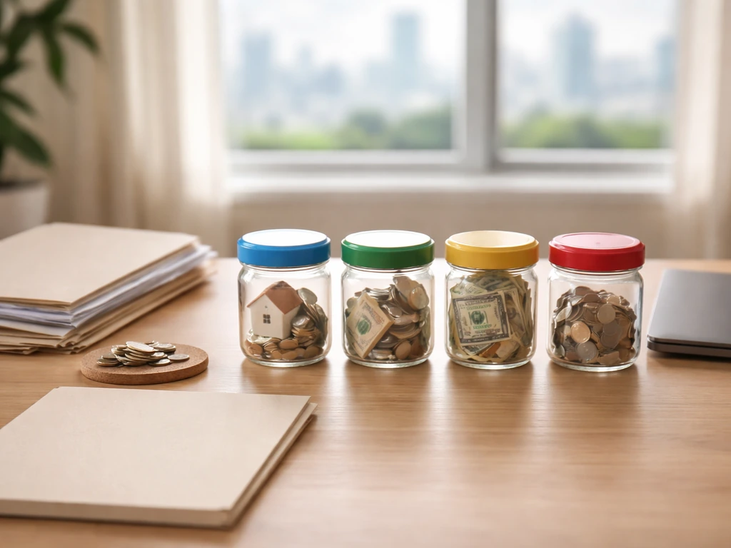 Minimal desk scene with jars and documents symbolizing different asset categories, no text or people.