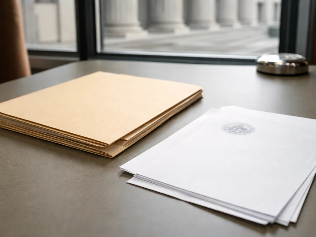 Minimal desk scene with an FBI-style folder and stamped document pages in soft natural light