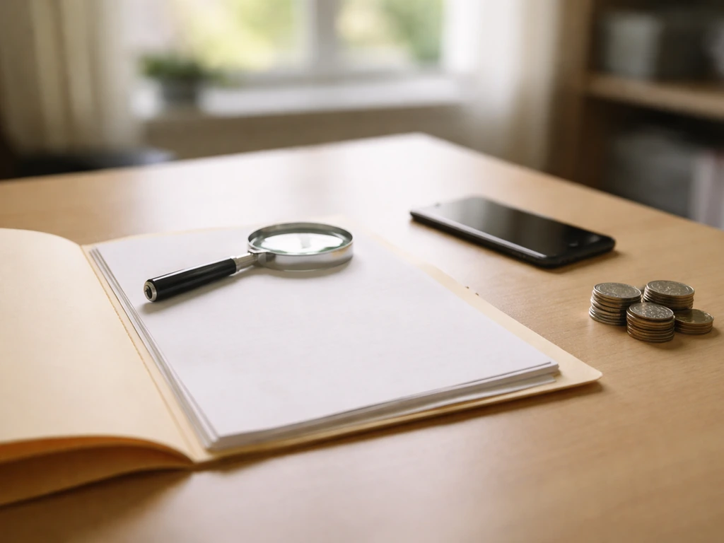 Minimal desk scene with folder, magnifying glass, and small coin stack symbolizing public-info net worth research.