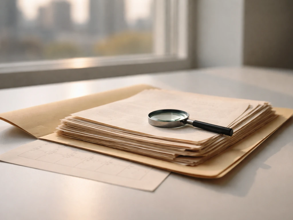 Open folder with old documents and a magnifying glass on a desk, symbolizing public record chronology.