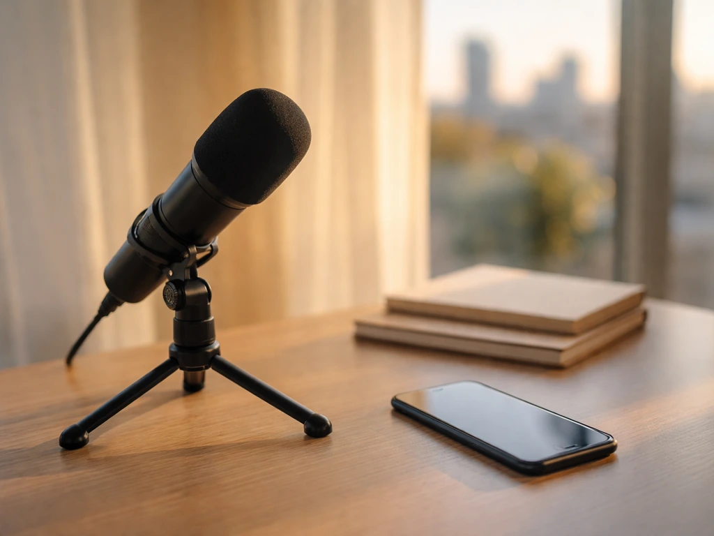 Podcast microphone and smartphone on a minimal desk by a window, suggesting creator earnings and profile analysis.