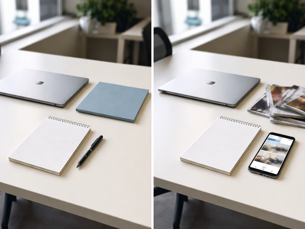 Side-by-side desks: one with blank media items, the other with blurred social feeds and magazines, no text.