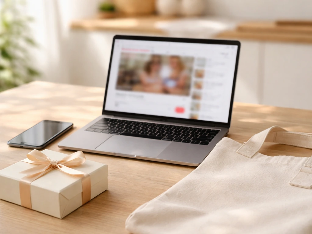 Minimal desk setup with laptop and phone plus blank gift box and tote, suggesting creator monetization channels.