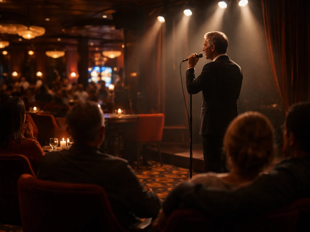 Singer croons on a casino stage while a small audience watches under warm spotlights.