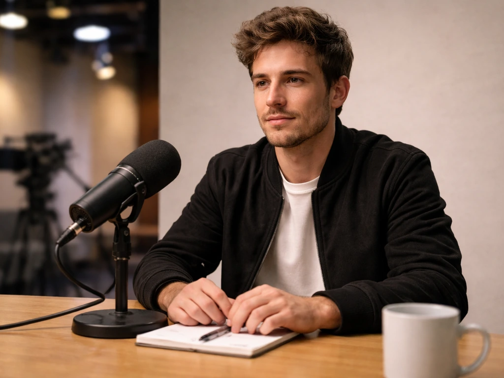 Man in casual studio attire speaking into a microphone during a quiet TV/press interview setup