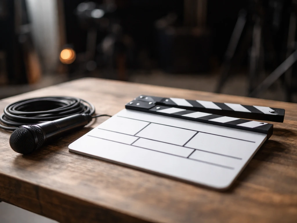Minimal film production set with a clapperboard and microphone on a table in natural light.