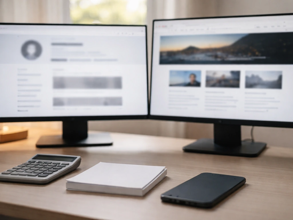 Two adjacent monitors on a desk showing blurred profile-style and webpage-style screens beside simple finance items.