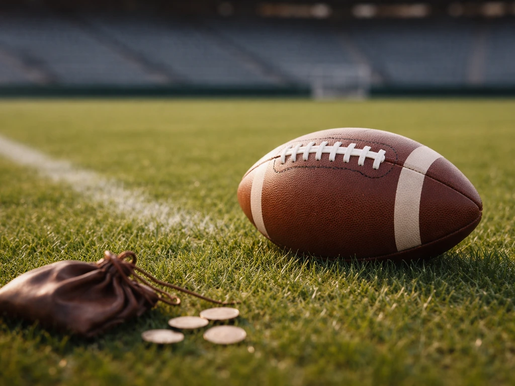 Soccer stadium scene with a football and subtle money symbolism for net-worth interest