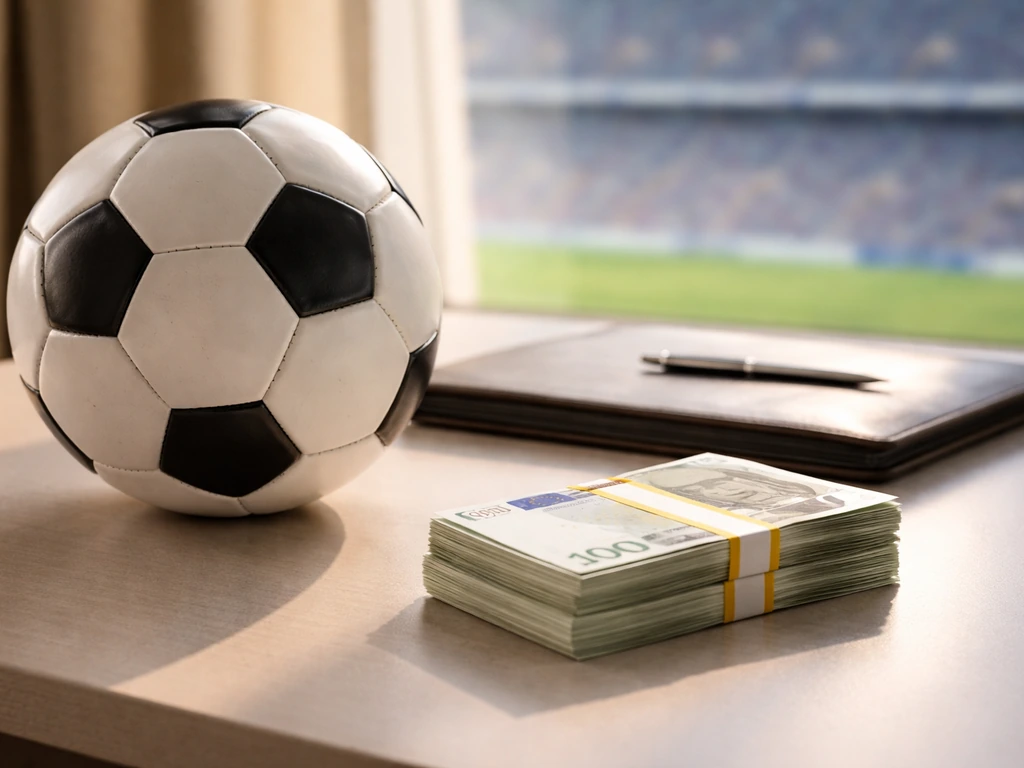 Minimal photo of a football in a glass-topped desk scene with scattered euros and a transfer-fee vibe