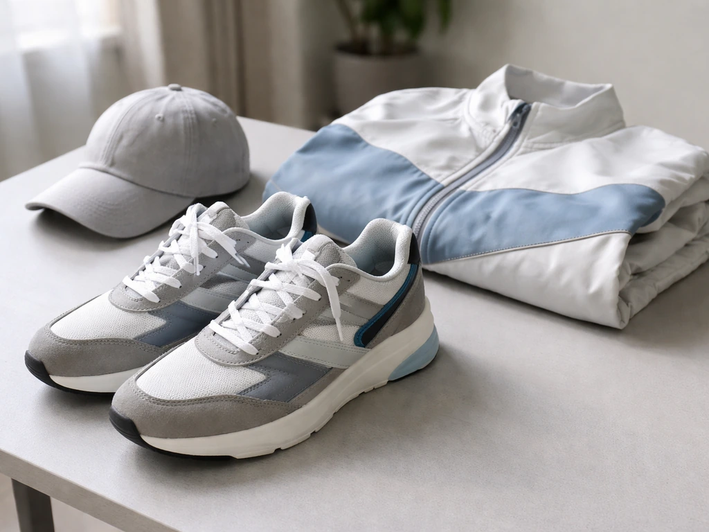 Anonymous sportswear endorsement scene with a modern sneaker and casual sports gear on a simple studio surface.