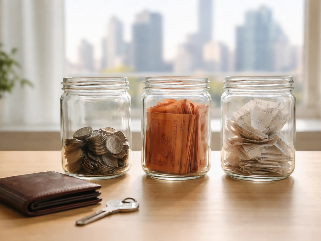 Minimal desk with glass jars of coins, cash, and receipts and a house key by a window skyline.