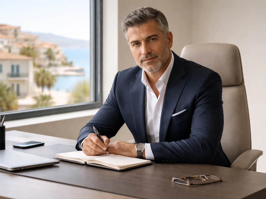 Anonymous businessman in a modern office with open notebook and bright window view.