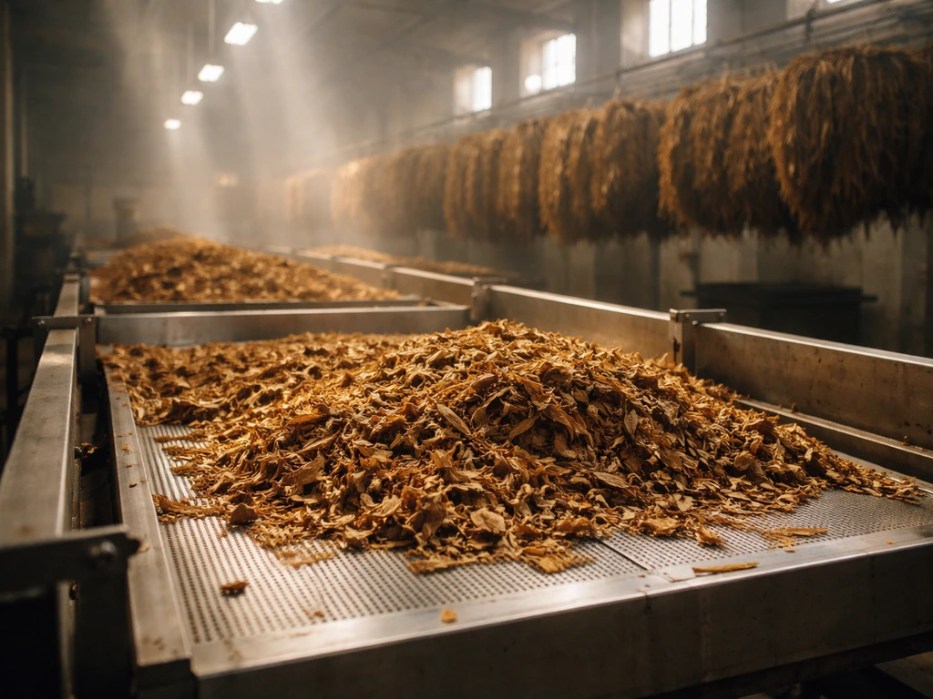 Golden-brown tobacco leaves on stainless sorting equipment inside a minimal industrial processing warehouse.