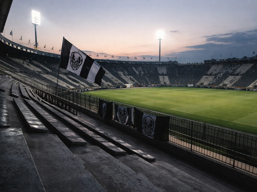 Empty soccer stadium stands with PAOK-themed banners and a flag near the railing at dusk.