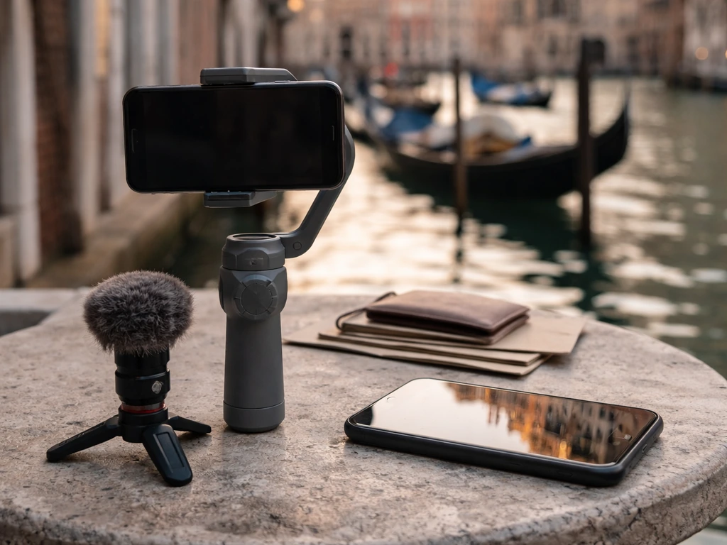 Recording gear and a wallet on a Venice café table near a canal, symbolic of media and net-worth analysis.