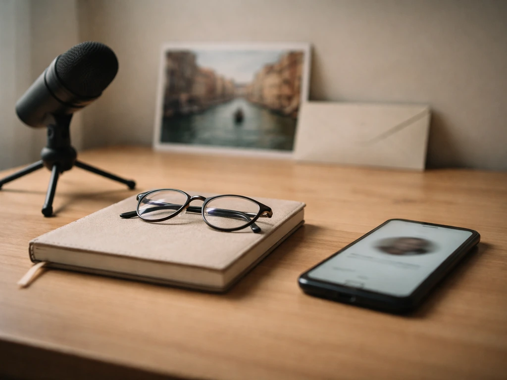 Moody desk scene with a small microphone, a muted tablet showing an indistinct profile image, and a Venice postcard.