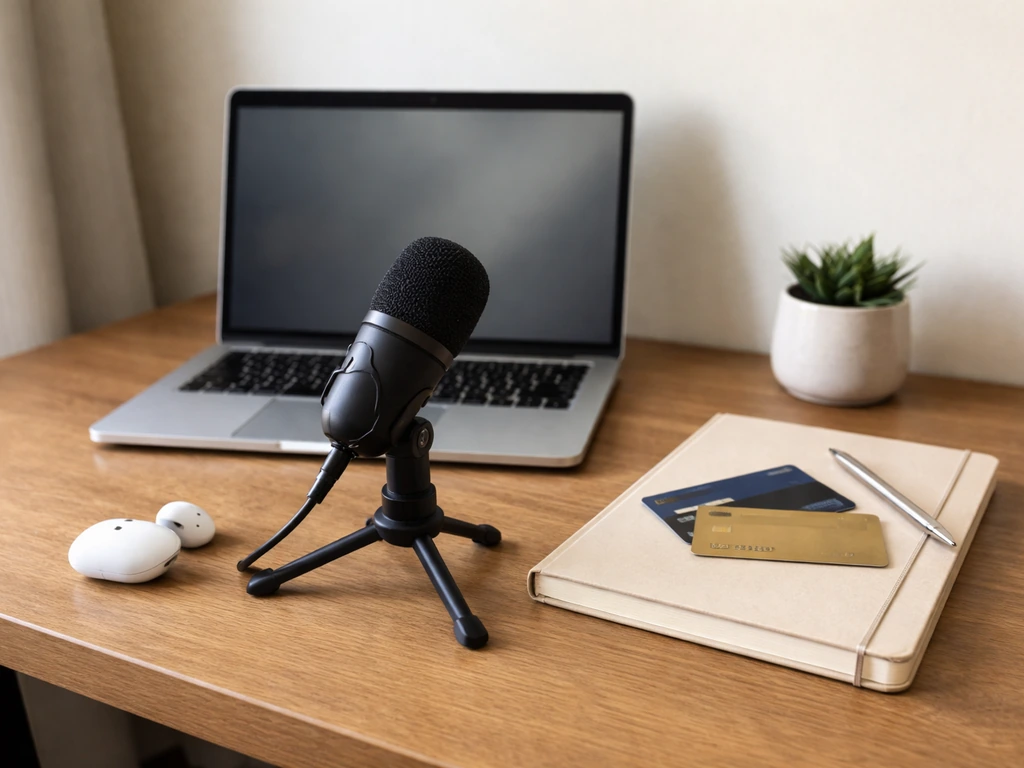 Minimal desk scene showing an anonymous content creator’s income streams tools: laptop, mic, and payment cards.