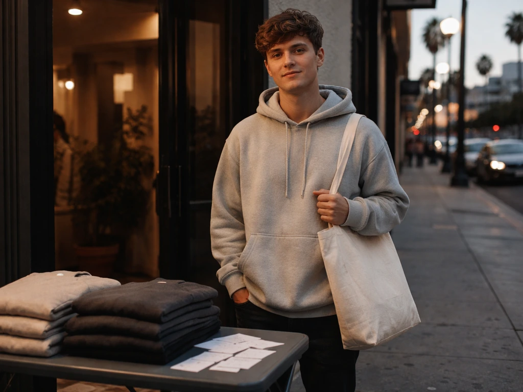 Anonymous street creator selling folded hoodies and a small sticker stack beside a merch table in Los Angeles.