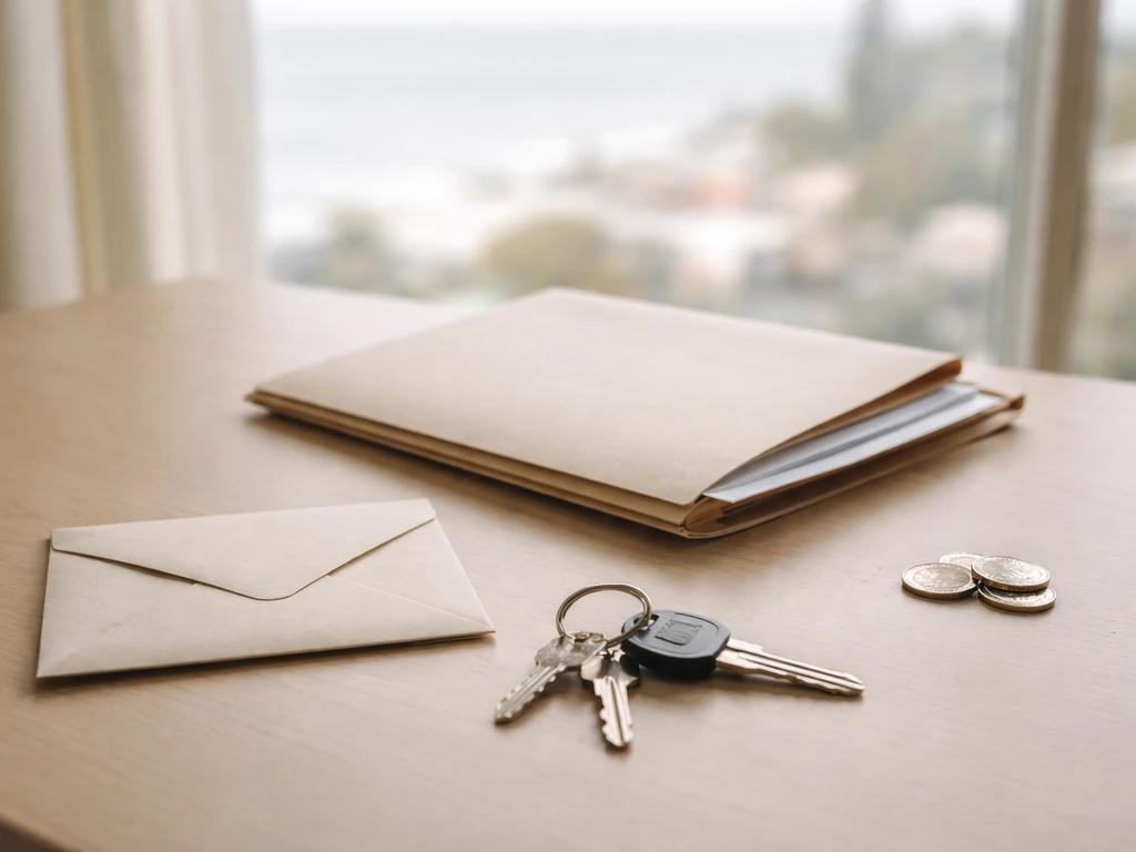 Minimal photo of a desk with scattered keys, a rental mailbox key, and a small envelope symbolizing assets to review