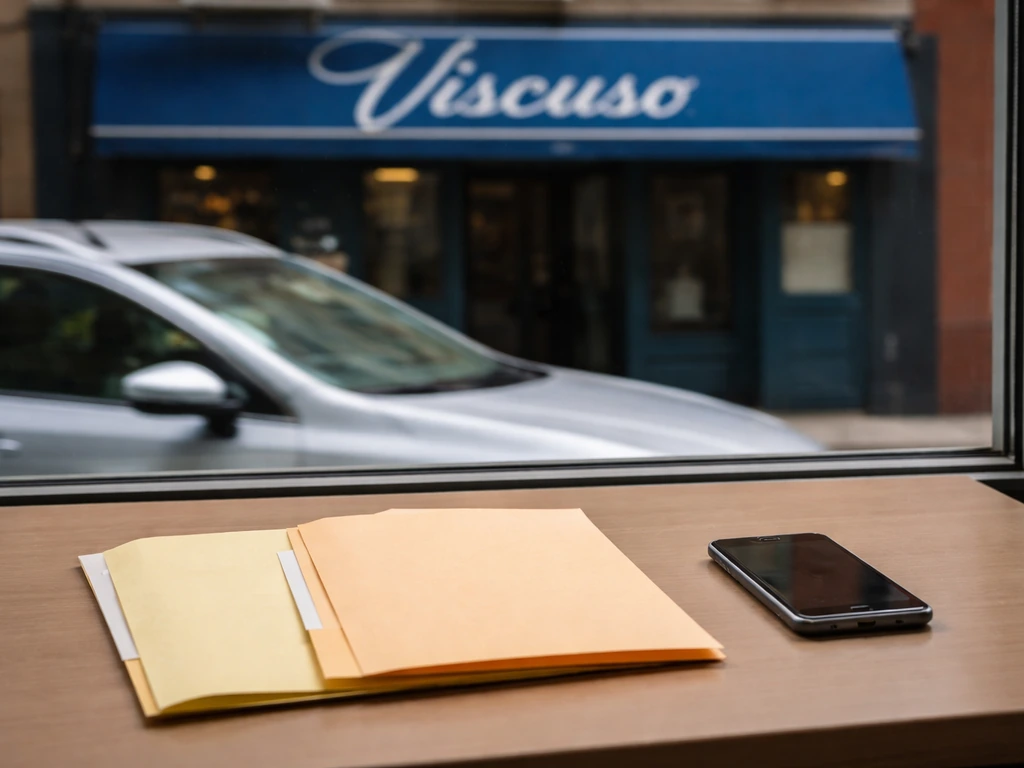 Street storefront with partially visible “Viscuso” sign and nearby evidence folders and phone for name clarification