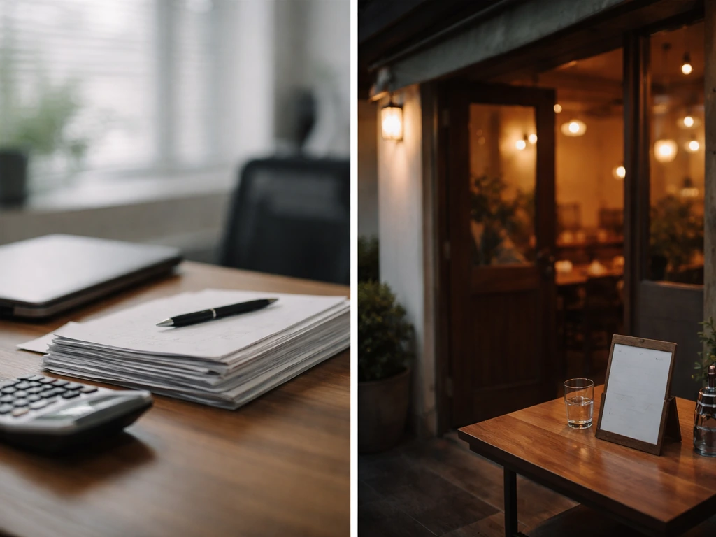 Split-scene showing finance office cues on one side and a casual restaurant storefront cues on the other.