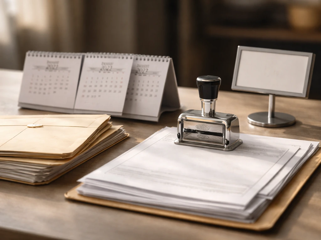 Minimal photo of a desk with calendar pages, stamped paperwork, and a small storefront sign for a finance timeline.
