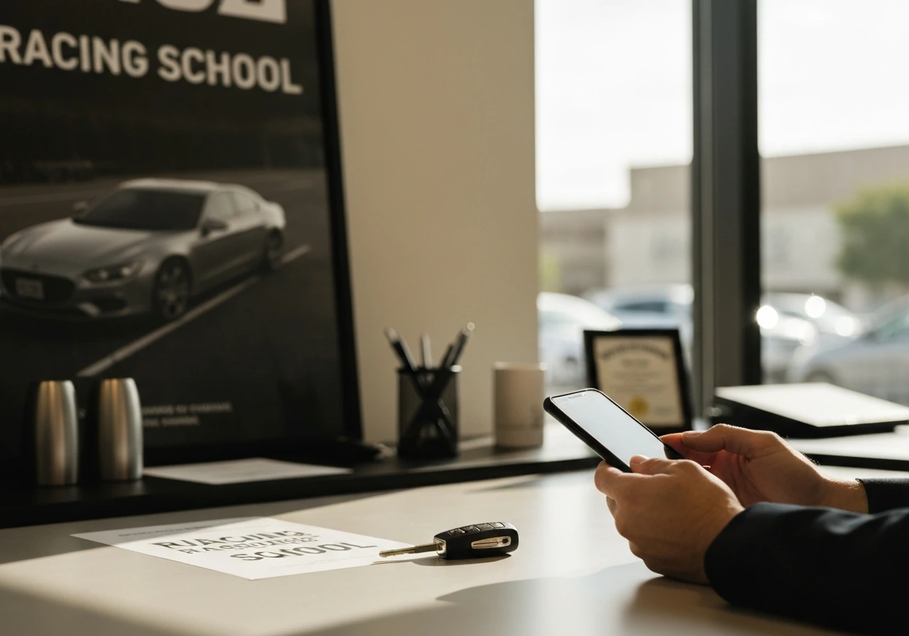 Hands on a desk holding a car key fob and phone in a modern office, symbolizing an entrepreneur.
