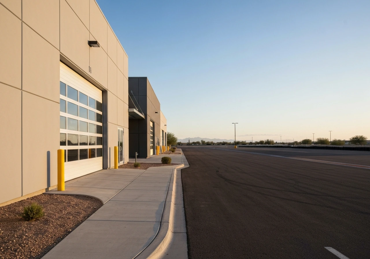 Exterior view of a modern racing school building in Chandler, Arizona at golden hour
