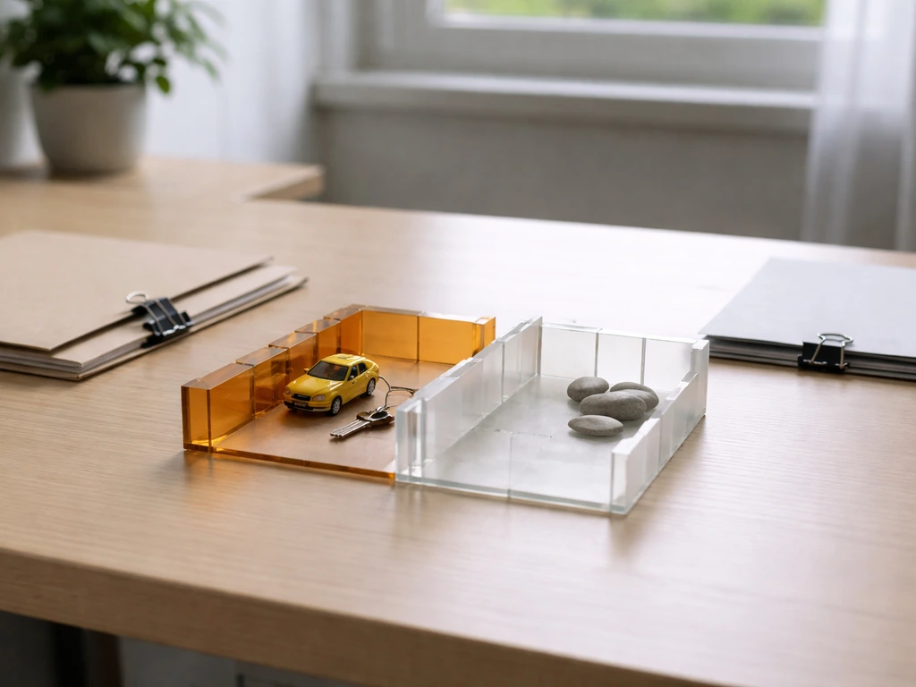 Minimal desk scene with two separated folders and acrylic property blocks, symbolizing confirmed vs inferred assets.