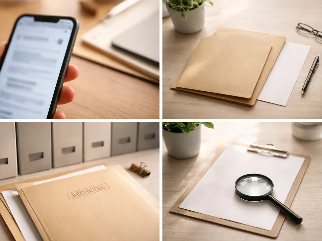 Four-panel collage of public-records themes: phone, folder, file boxes, and magnifying glass on desk.