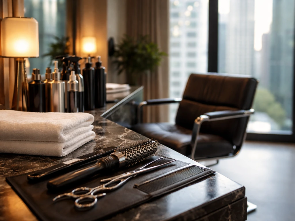Minimal photo of a luxury hair salon workstation with styling tools and a blurred upscale city backdrop