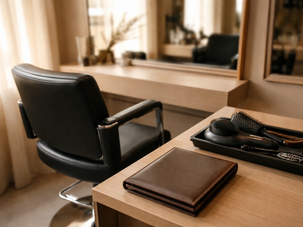 Empty luxury salon styling station with tools and a leather binder, symbolizing celebrity hairstylist business.