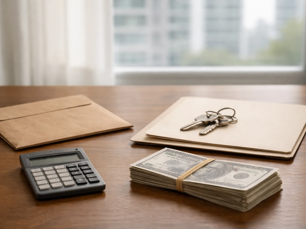 Minimal photo of an evidence-focused money symbol scene: envelope, calculator, and keys on a desk